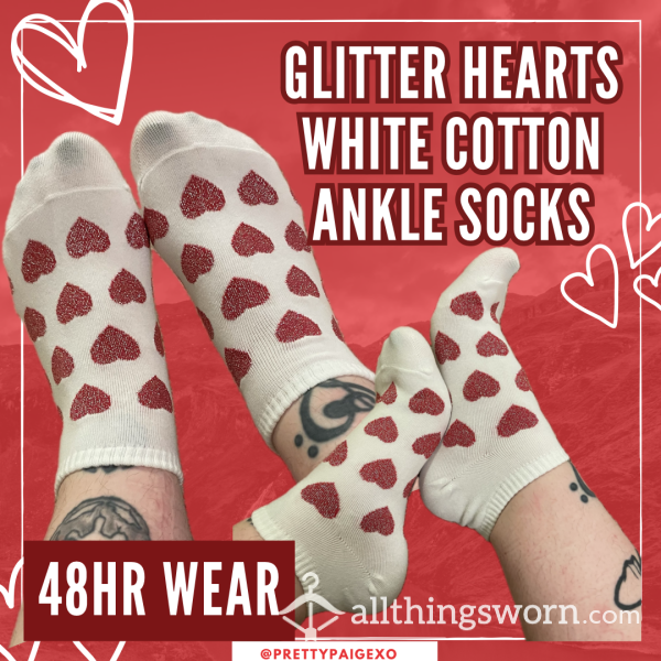 White Cotton Ankle Socks 👣 Red Glitter Hearts ❤️ 48hr Wear