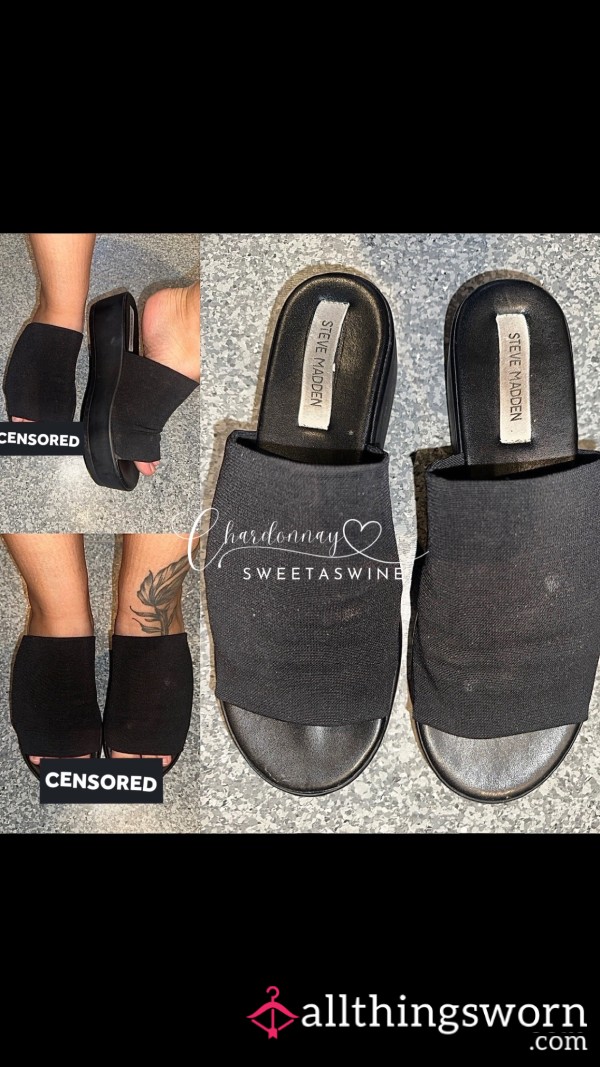 🍷UK 7|🖤Steve Madden Black Leather & Fabric Flatforms🖤