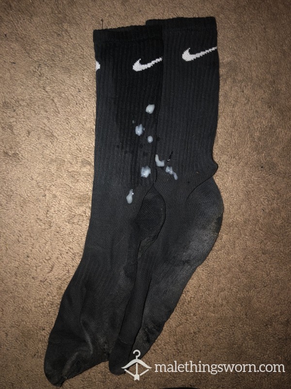 2 Days Sweaty At Work Old Nike Socks With 2-2 Day C*m Load With Some Holes And Worn Out Areas, Worn In Old Dirty Timberland Work Boots