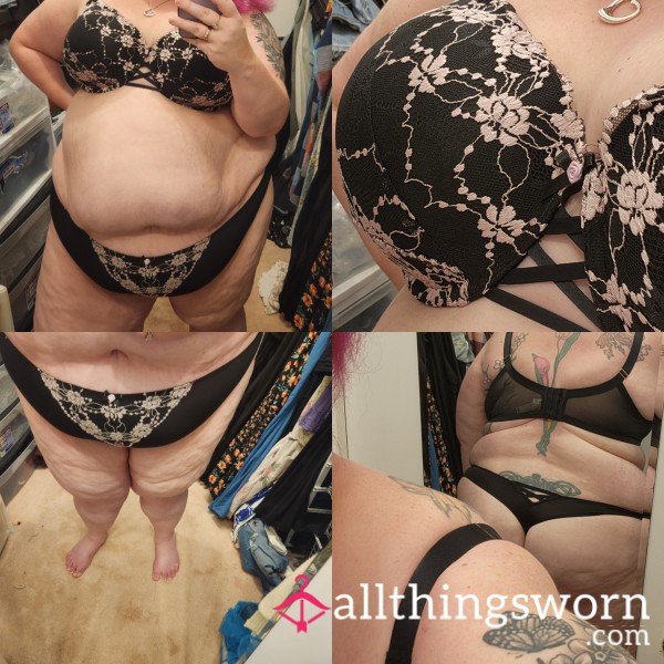 48DD And Size 26/28 Black Cacique Bra And Panty Set With Light Pink Details