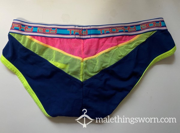 Andrew Christian Trophy Boy Blue With Pink And Yellow Mesh Briefs Size XL (35-38 In / 89-96 Cm)
