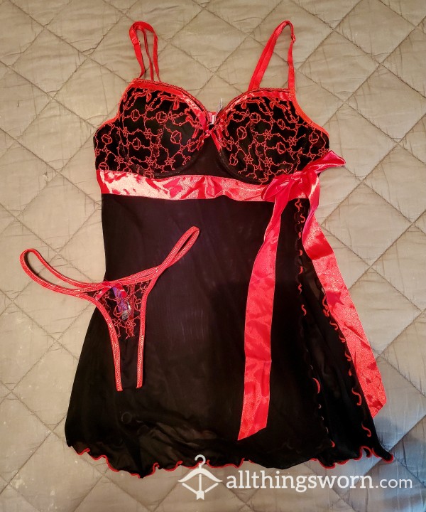 Black And Red Teddy And Matching Thong Sz XL