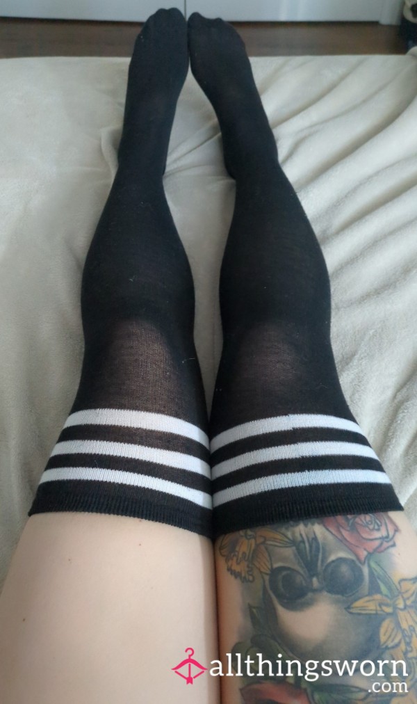 Black And White Stripe Thigh High Socks