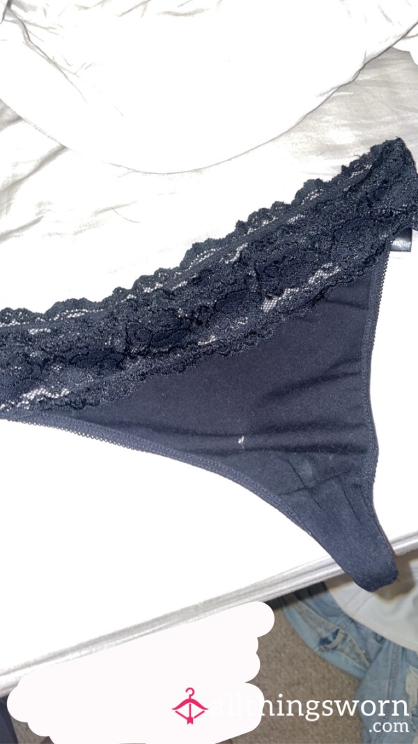 Black Cotton Lace Thongs