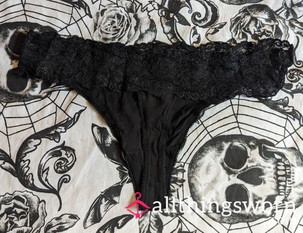 Black Cotton Thong With Lace Trim
