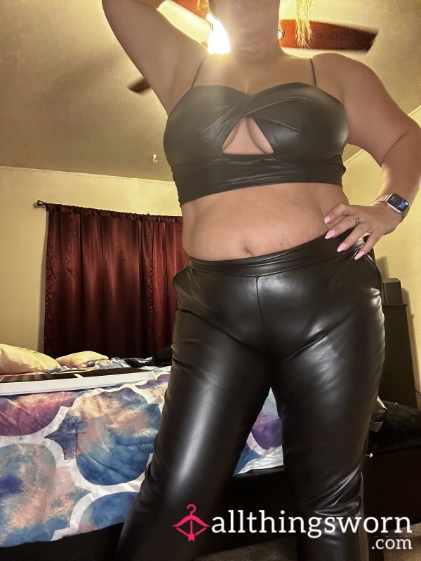 Black Faux Leather Pants And Faux Leather Bra