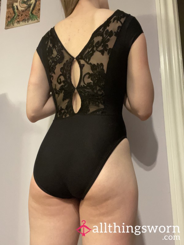 Black Lace Leotard With Small Whole On Top Of Breasts