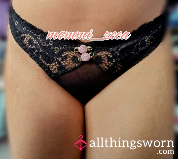 Black Lace Thong With Pink Rose | Size Medium