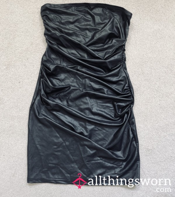 Black Leather Look Strapless Mini Dress