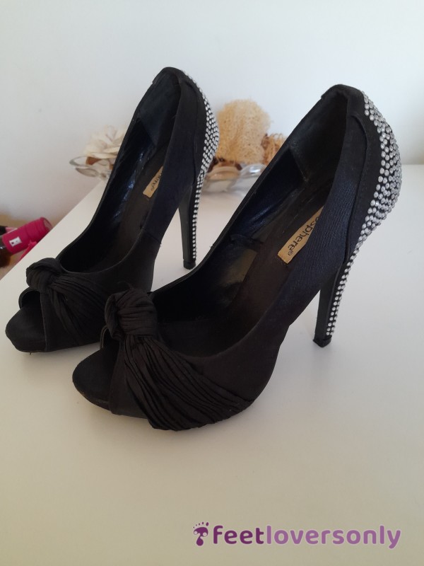 Black Open Tow Stiletto With Diamante Heel