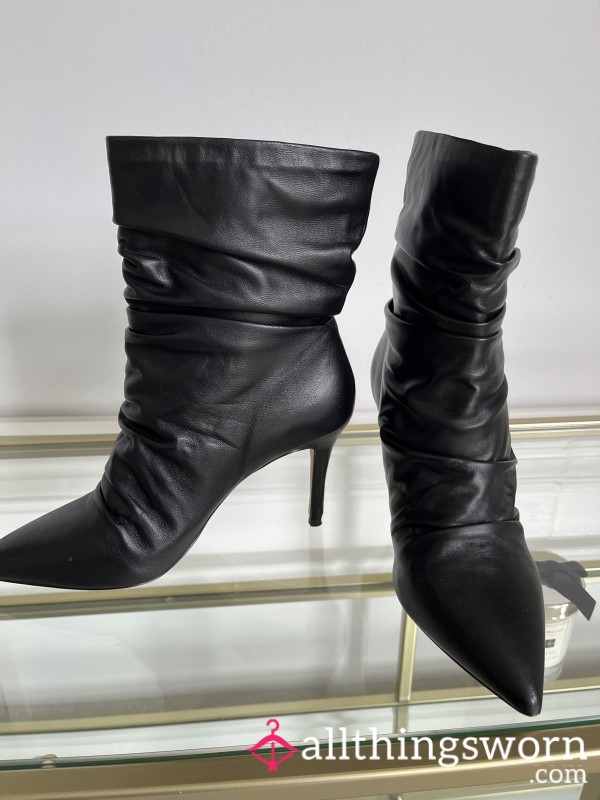 Worn Black Ruched High Heel Ankle Boots - Free Extras