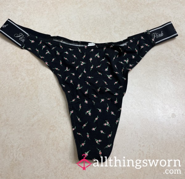 Black Thong With Tiny Pink Flowers