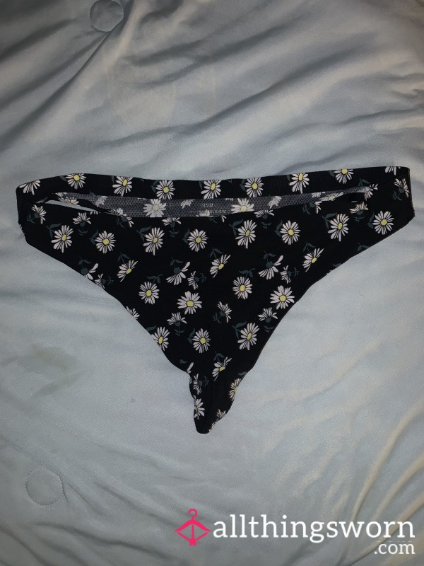 Black Thong With White Daisy Flor*l Design