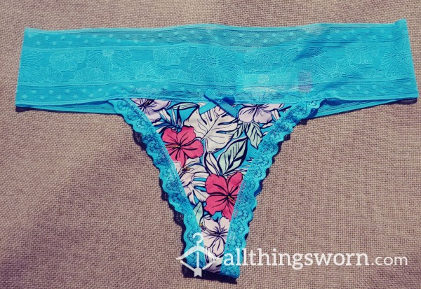 Blue Lace Thong With Flowers