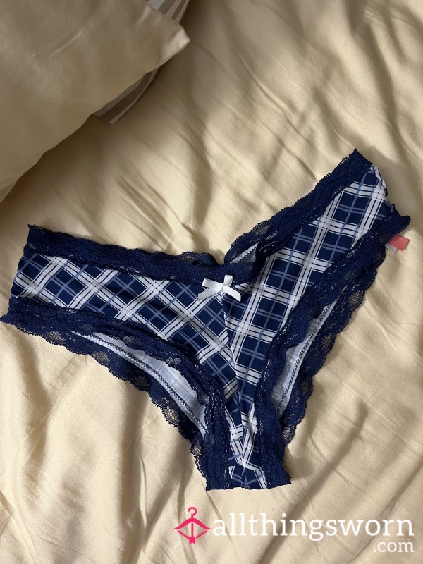 Blue Plaid Cheeky Panties With Lace Trim