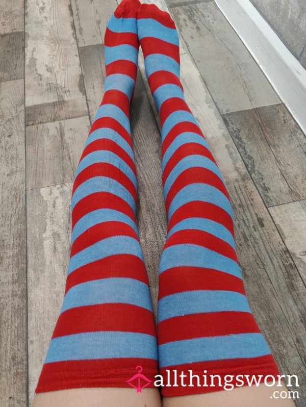 Blue Red Y2K Striped Thigh High Over The Knee Socks