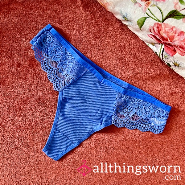 Blue Ribbed & Laced Thong