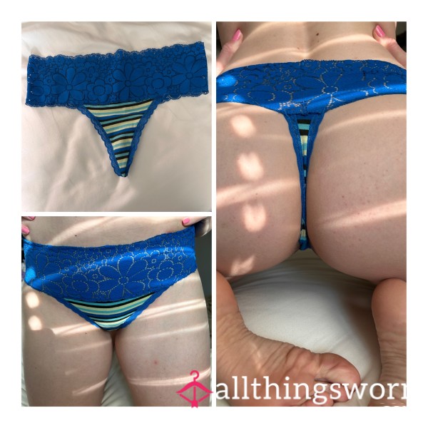 Blue Striped Thong W/ Flowers