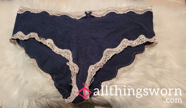 C5: XL Cotton Blue And White Lace Cheeky Panties