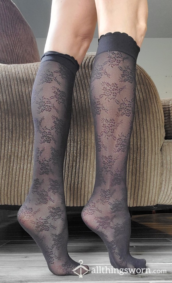 Clearance. Nylon Socks/Calzedonia Knee High Patterned Black| Free Shipping
