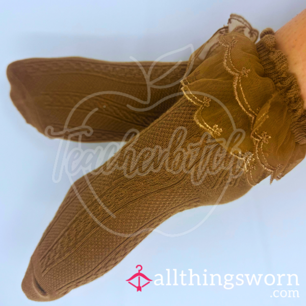 Brown Ruffle-Trim Crew Socks