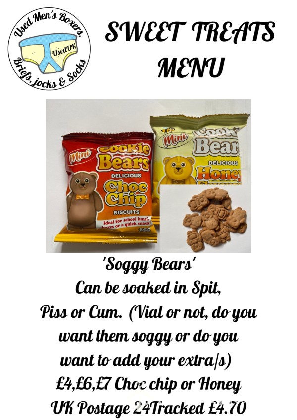 C*mmy Bears. Cookies In Choc Chip Or Honey. Add Sp*t, Pi*s Or C*m. Can Be Posted Soggy Or You Can Add To The Cookies When You Get Them If You Want The C*m Crunch! From £4 Plus Postage