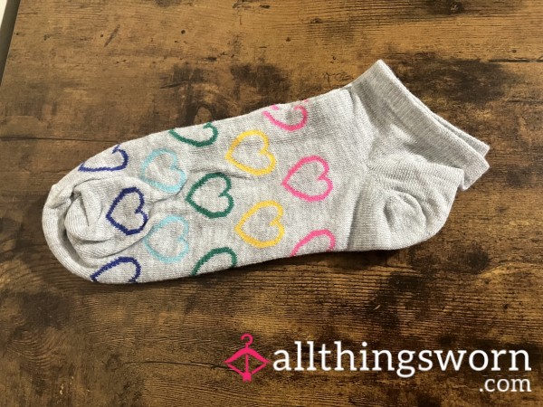 Cute Gray Ankle Socks With Rainbow Hearts - Shipping & 24 Hr Wear Included - Longer Wears Available