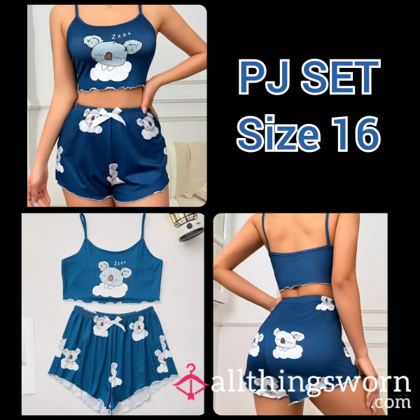 Cute Koala Print Pj Set Crop Top & Shorts Sz 16