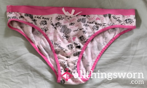Cute Pink Panties "I Love You!" Many Times Design With Pink Bow In Front. Low Bikini Cut.
