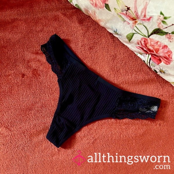 Dark Blue Ribbed & Laced Thong