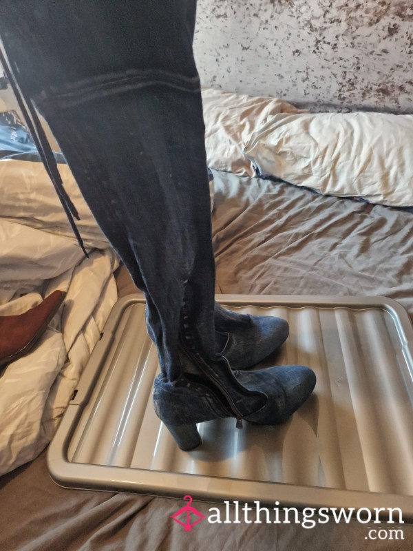 Denim Thigh High Heeled Boots