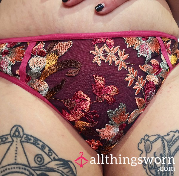Embroidered Burgundy Mesh Panties Size 12