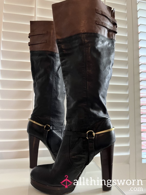 Equestrian High Heel Black Leather Boots