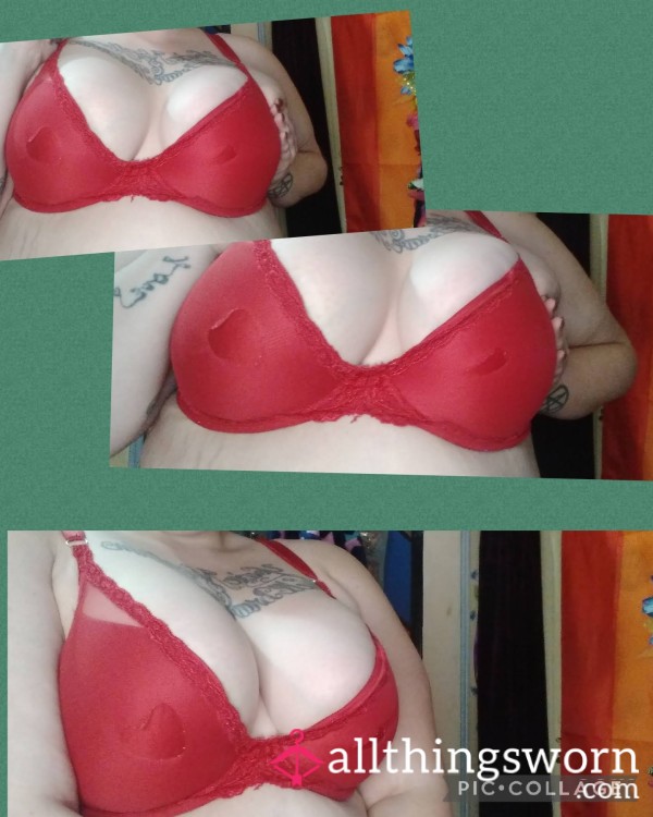 💋🔥Extremely Well-Worn 9 Year Old Red Underwire Push-up Bra Detailed With (Ripped) Netting & Lace 38D Cup🔥💋