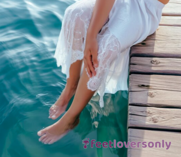 Feet Dipping In Water From Wooden Dock