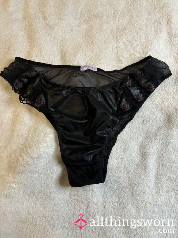 Fenty Black Faux Leather & Mesh See Through S**y Flor*l Rose Lace Trim Panties