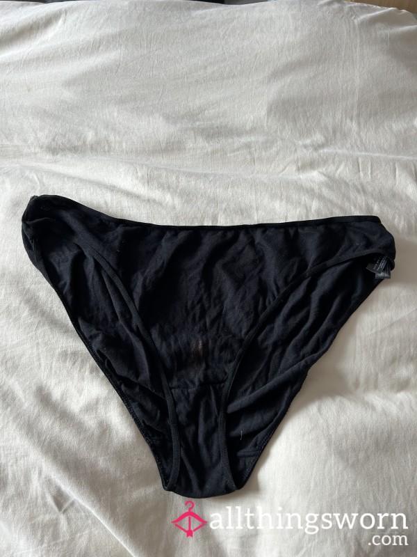 Full Back, Black Cotton Knicker - Pussy Stained