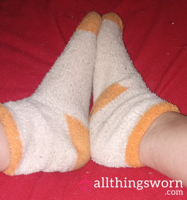 Fuzzy White & Orange Ankle Socks, Currently On My Sweaty Feet.Worn 4 Days!