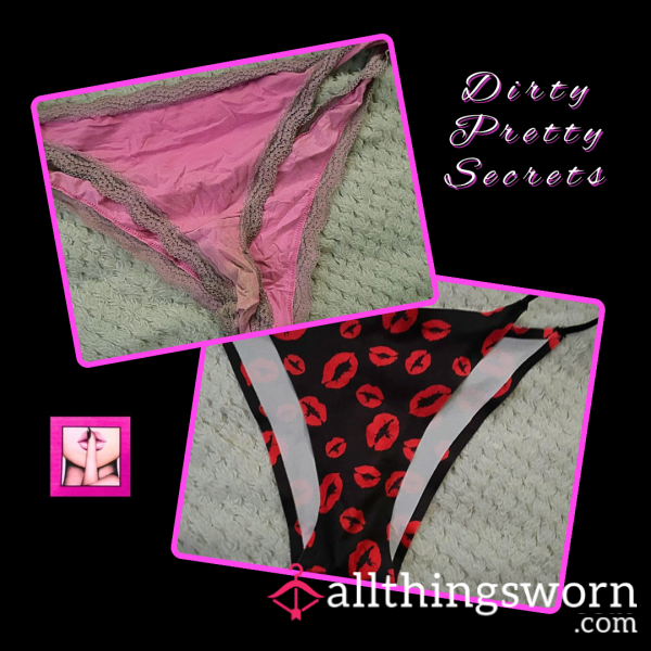 GORGEOUS Worn & Fragrant Pink Thong & Black Thin Strap Panties With Red Kisses 💋