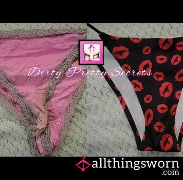 GORGEOUS Worn & Fragrant Pink Thong & Black Thin Strap Panties With Red Kisses 💋