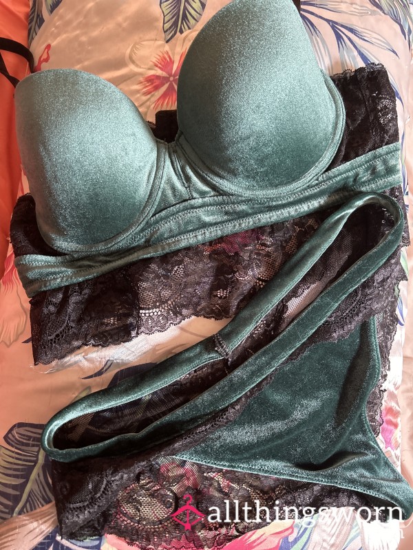 Green Velvet And Lace Bra And Panty Set