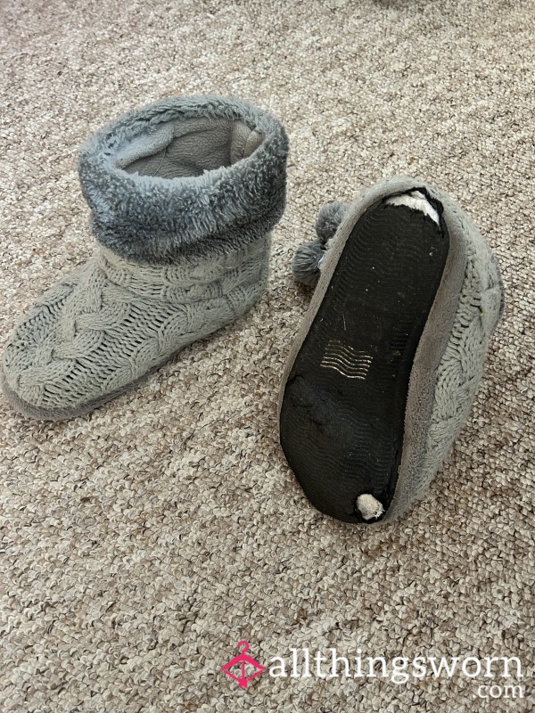 Grey Knitted Boot Slippers