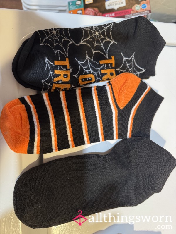 Halloween Socks (set Of 3) Trick Or Treat, Black And Orange Striped, Black