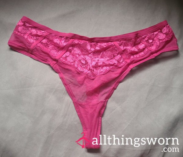 Hot Pink Lacey High-Waisted Thong- Stretched Out