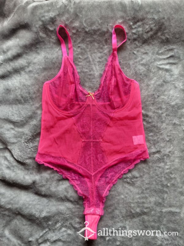 Hot Pink Underwired Lace & Mesh Thong Bodysuit With Pale Yellow Bow Detail | Standard Wear 24hrs | Additional Days & Add-Ons Available | Size Shein Curve 1XL | From £15.00 + P&P
