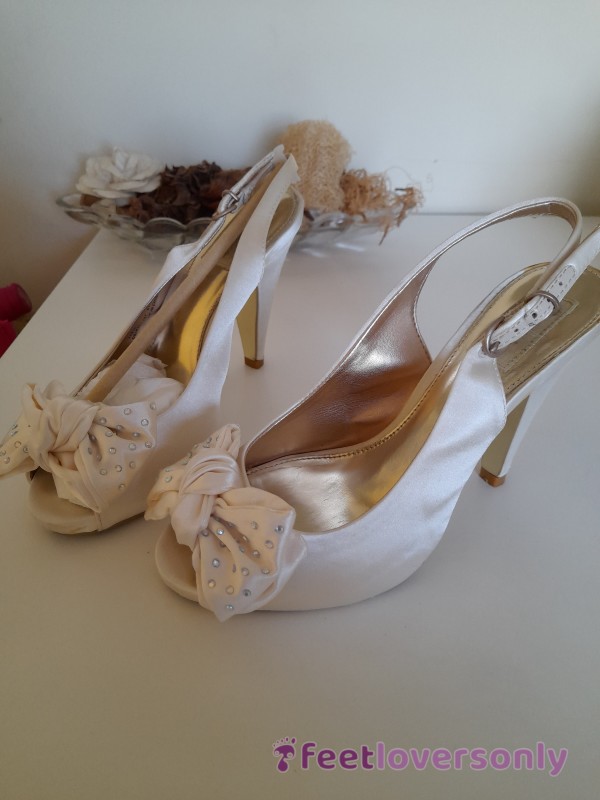 Ivory Open Toe Satin Sling Back Stiletto With Toe Prints