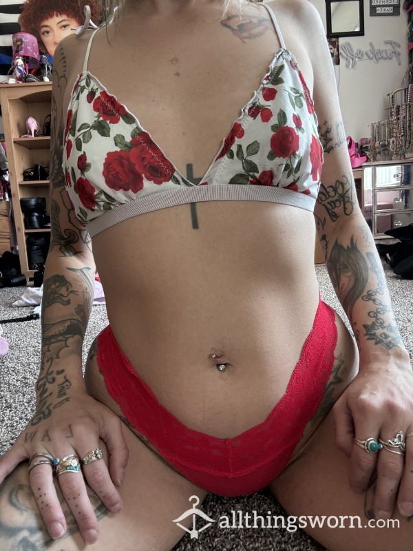Red, Lace Trim, Cotton Thong