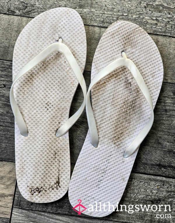 Ladies Extremely Well Worn White Flip Flops For You Foot Fetish Lovers...