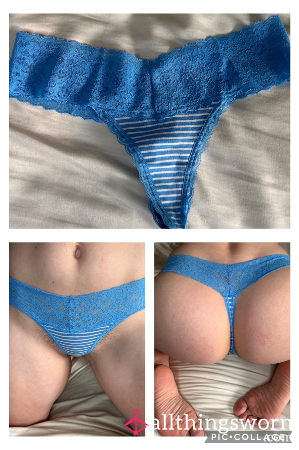 Light Blue Striped Thong W/ Lace