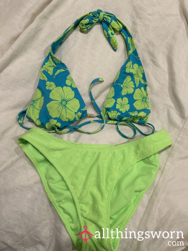 Lime Green And Blue Floral Bikini